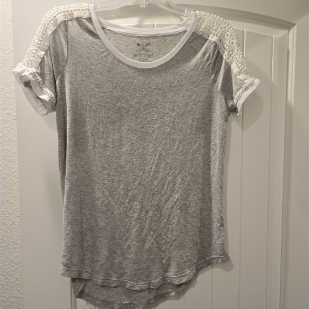 Faded Glory Gray Top with White Lace Sleeves